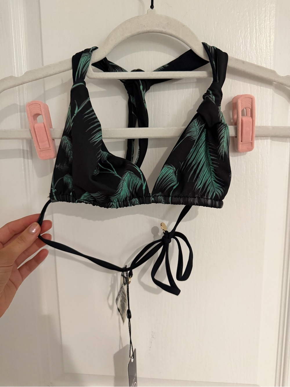 Wildfox Black Halter Bikini Top with Green Palm Print